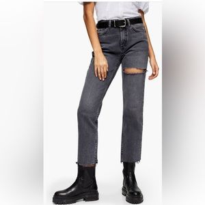 Topshop NY thigh rip raw hem straight leg jeans